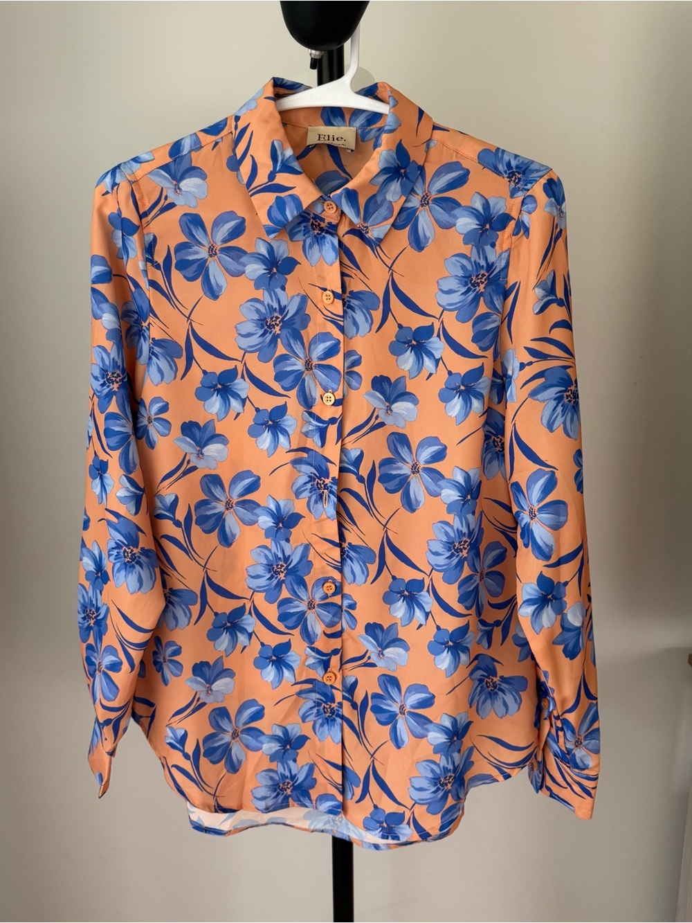 Elie Tahari Peach Button-Down Shirt with Blue Floral Print